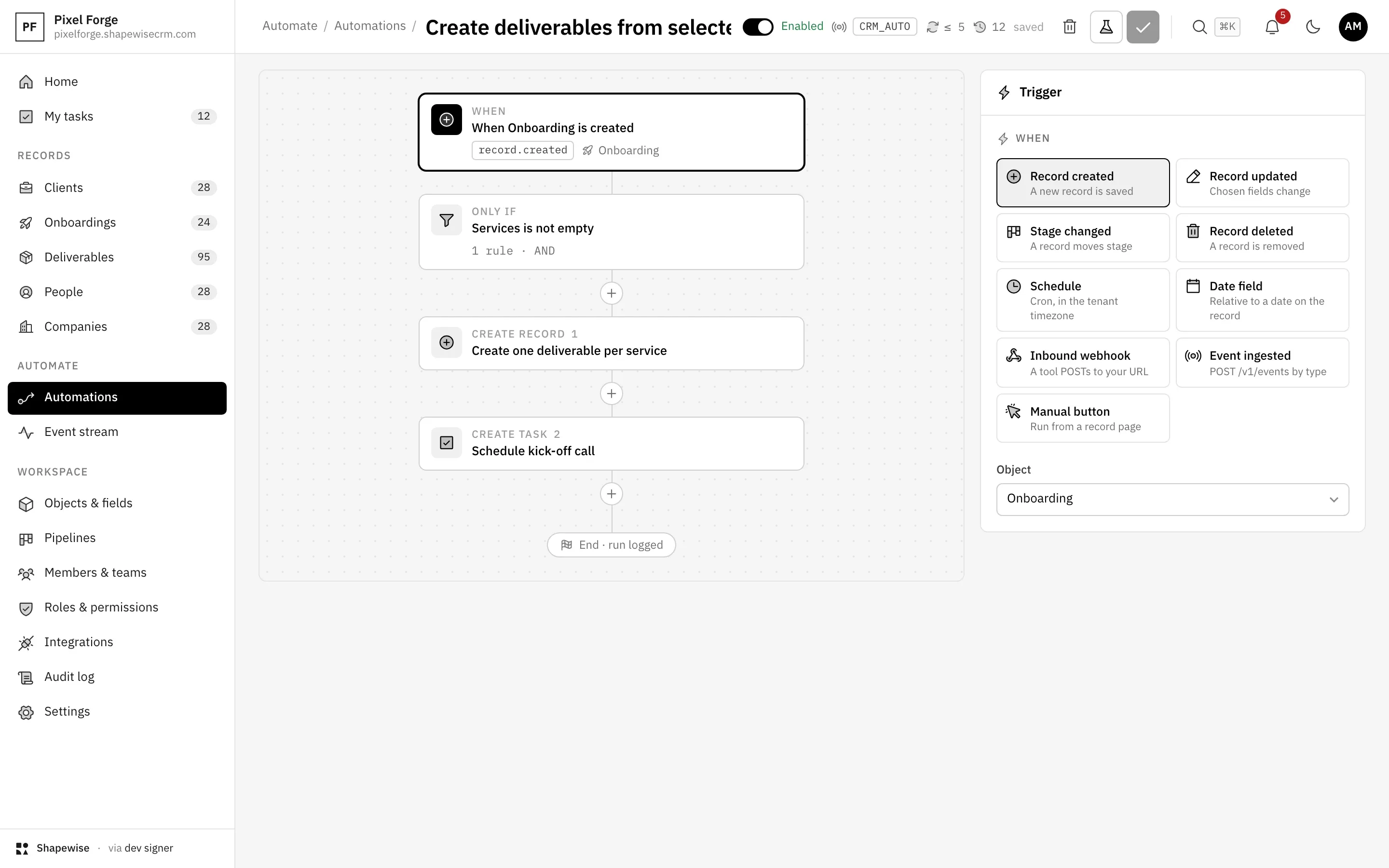 Shapewise Agency CRM: hand-offs that happen on time — demo data for Pixel Forge