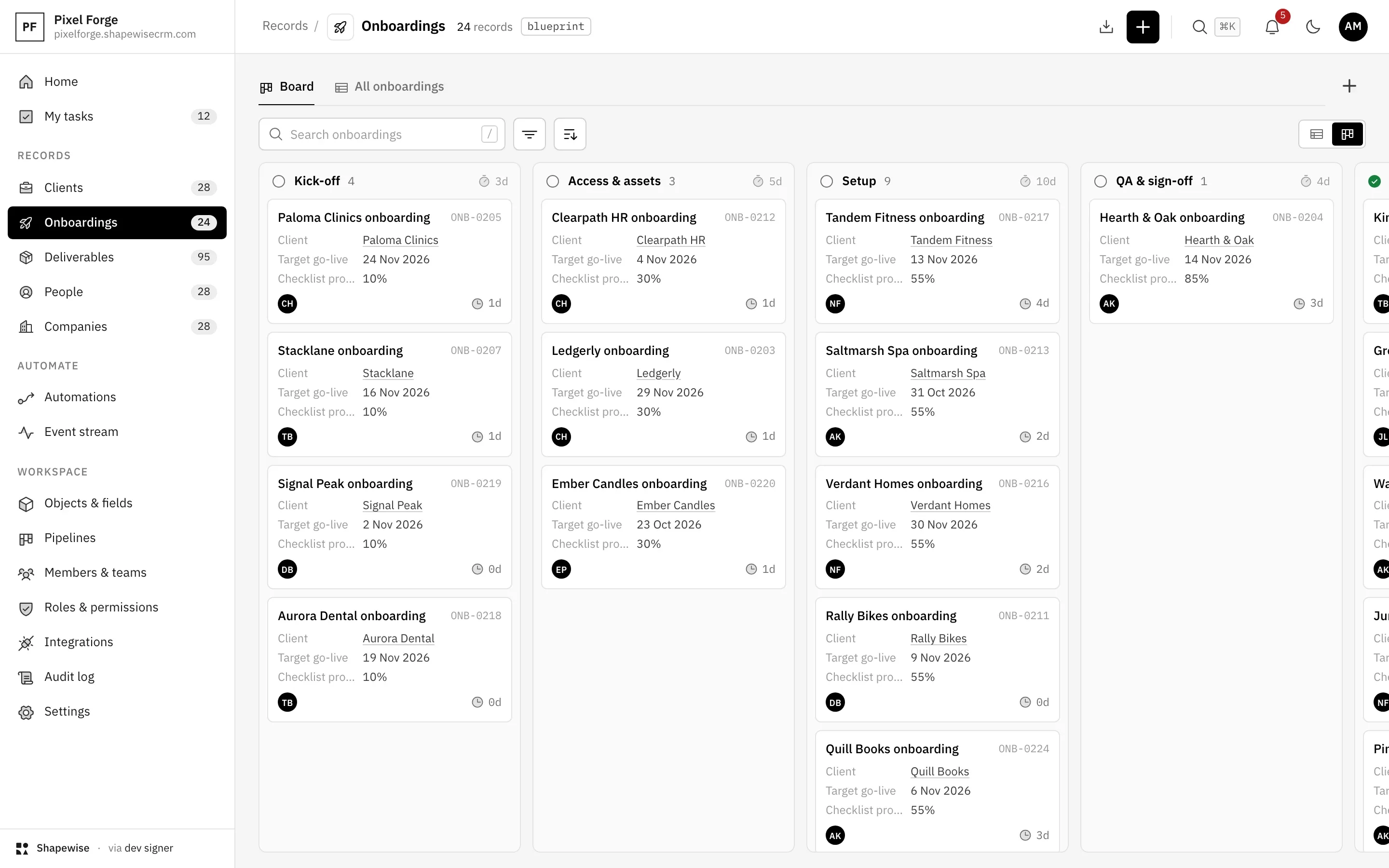 Shapewise Agency CRM: onboarding you can see — demo data for Pixel Forge