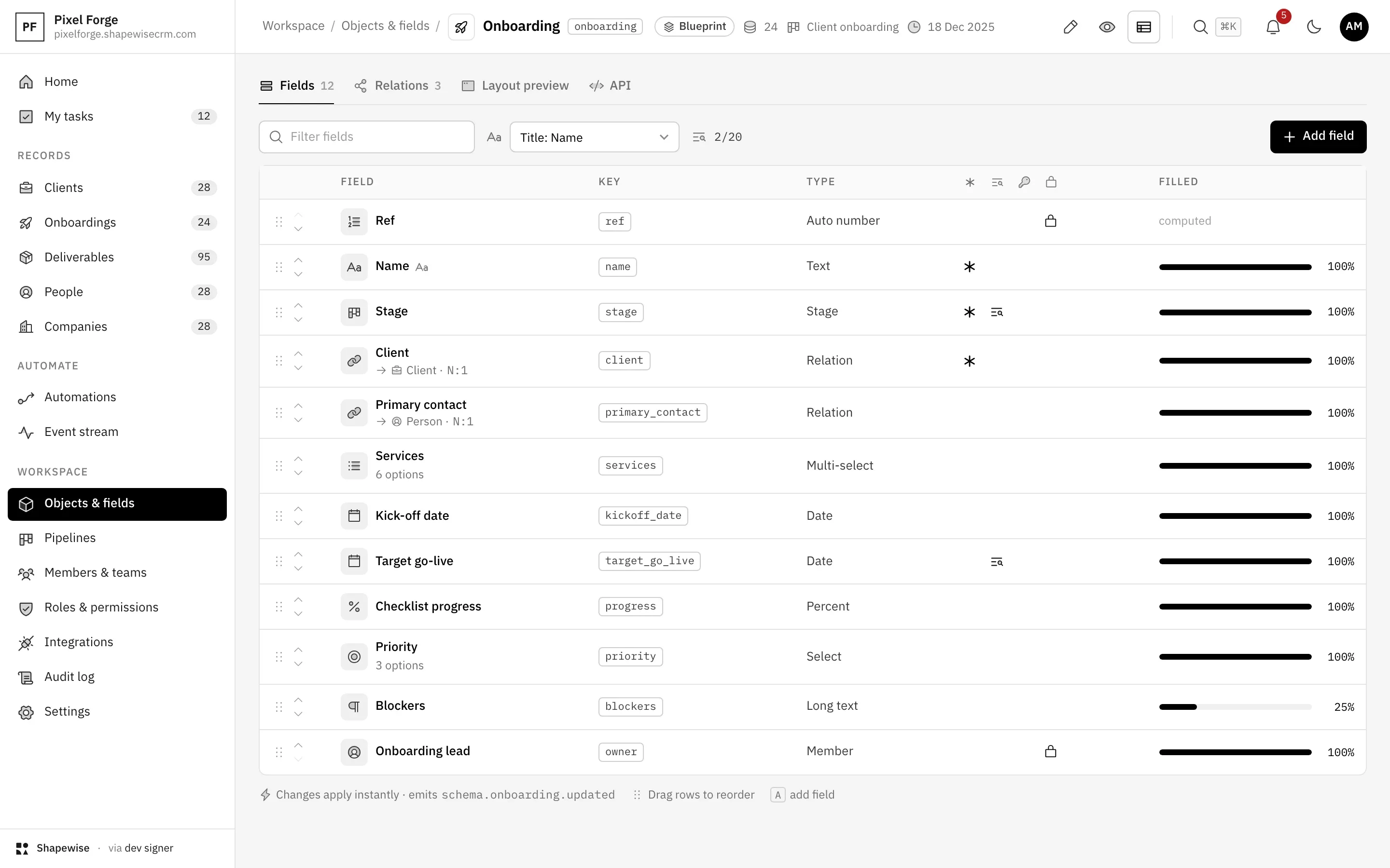 Shapewise Agency CRM: shape it to your services — demo data for Pixel Forge